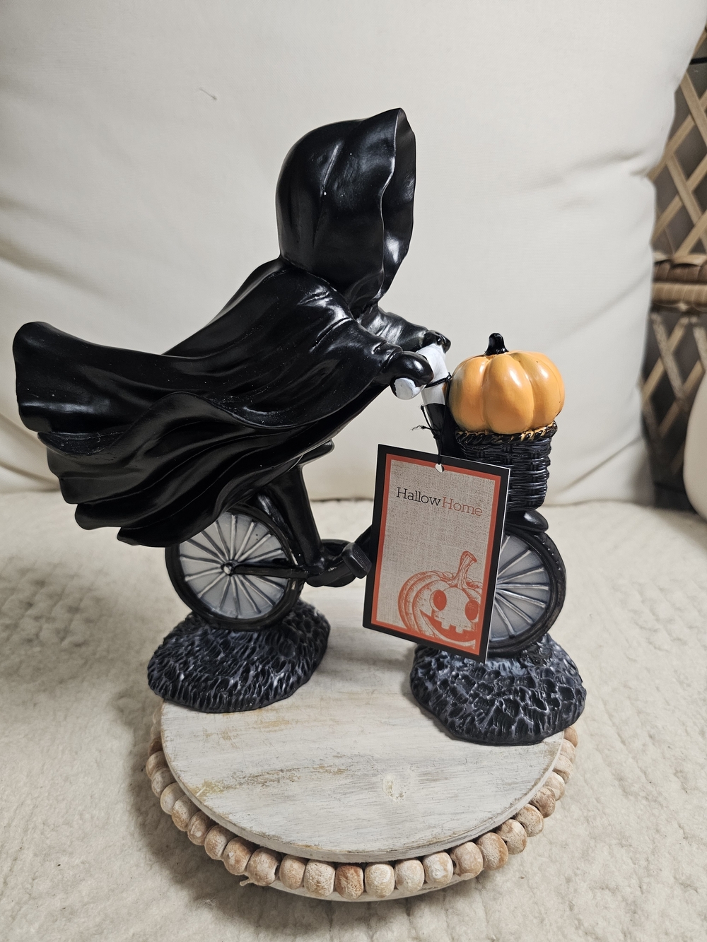 Halloween Ghost Figurine on Bicycle with Pumpkin Grim Reaper